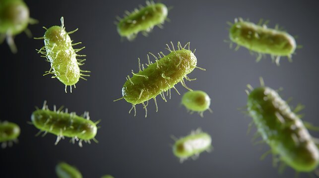 Microscopic view of E. coli bacteria floating in dark fluid with green illumination