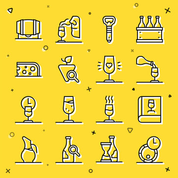 Set line Wooden barrel for wine, Book about, Wine tasting, degustation, Bottle opener, Grapes, Cheese, and glass icon. Vector