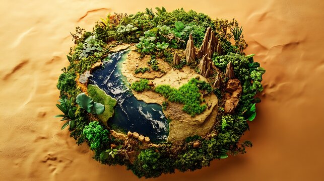 Handcrafted ecosystem model with biotic and abiotic elements in natural wreath arrangement on textured surface