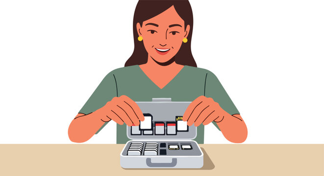 Woman organizing memory cards in a case