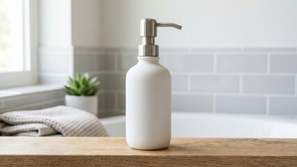 Fototapeta premium A minimalist white pump bottle with a silver dispenser sits on a wooden counter in a bright, modern bathroom.