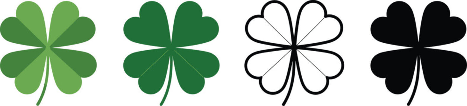 Green shamrock vector, cloverleaf and luck symbols, St. Patrick&rsquo;s Day decorative elements, lucky four leaf clover design set