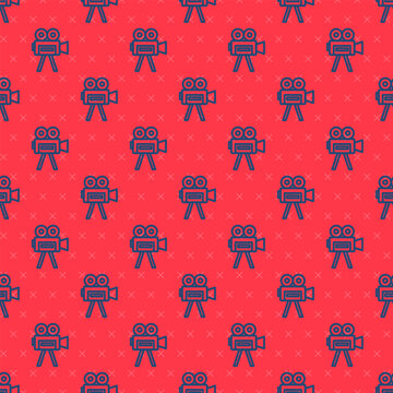 Blue line Retro cinema camera icon isolated seamless pattern on red background. Video camera. Movie sign. Film projector. Vector