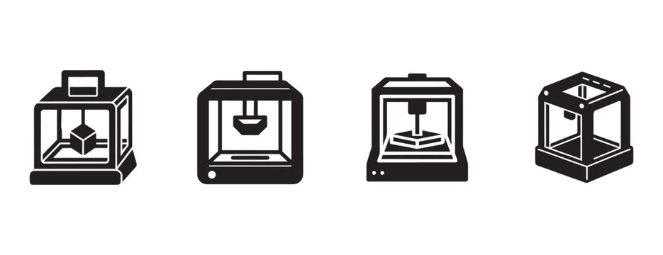 Set of four different 3D printer icons showing various models and styles isolated on transparent background