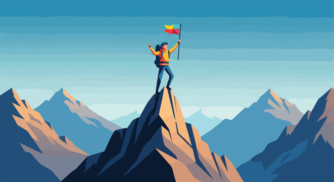 Hiker celebrates atop a mountain peak with a flag