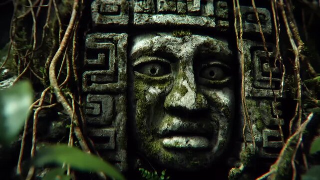 Maya Aztec civilization, Mexico culture. Mysterious, fantasy. A vivid portrayal of an ancient Mayan artifact, a face, embedded in a dense forest.