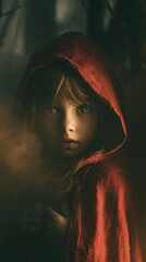 Fototapeta premium Europe medieval lifestyle. A closeup portrait of a young child, captured in a moody, atmospheric style. The child wears a rich red hooded cloak that billows around them, obscuring their face.