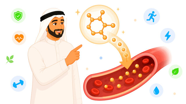 Man in traditional attire points to beneficial molecule entering bloodstream for health and wellness.