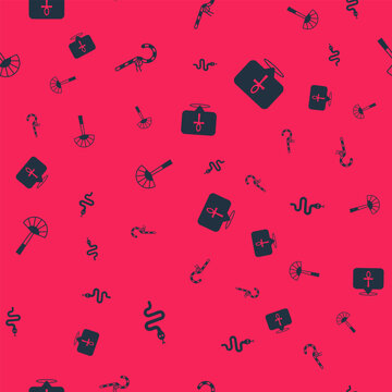 Set Snake, Crook, Egyptian fan and Cross ankh on seamless pattern. Vector