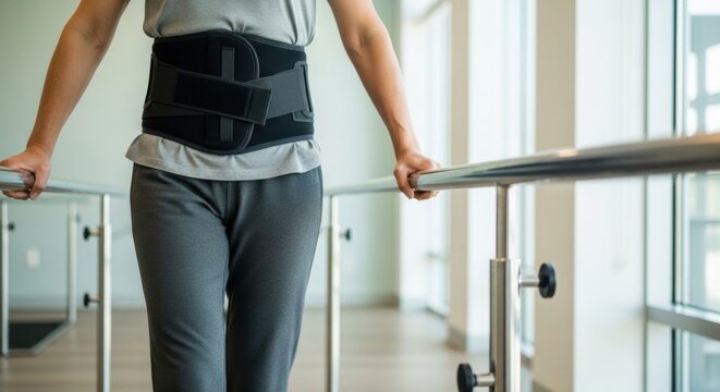 A patient with a herniated disc is walking slowly between parallel bars while wearing a back brace.