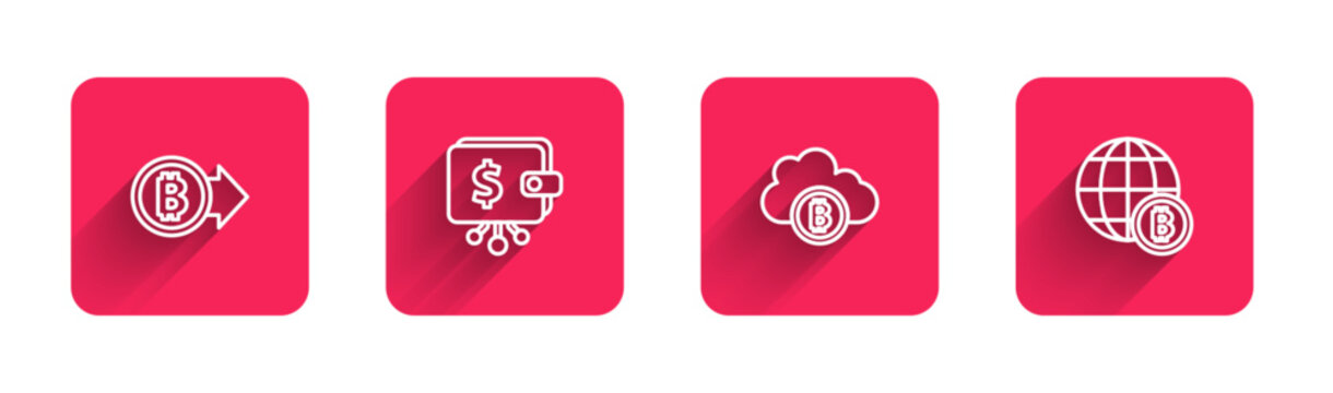 Set line Bitcoin, Cryptocurrency wallet, cloud mining and Globe with long shadow. Red square button. Vector
