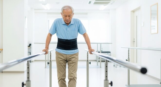 A patient with a herniated disc is walking slowly between parallel bars while wearing a back brace.