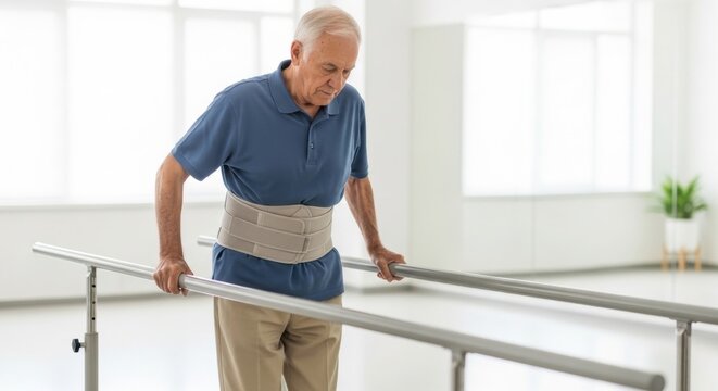 A patient with a herniated disc is walking slowly between parallel bars while wearing a back brace.