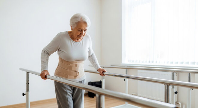 A patient with a herniated disc is walking slowly between parallel bars while wearing a back brace.