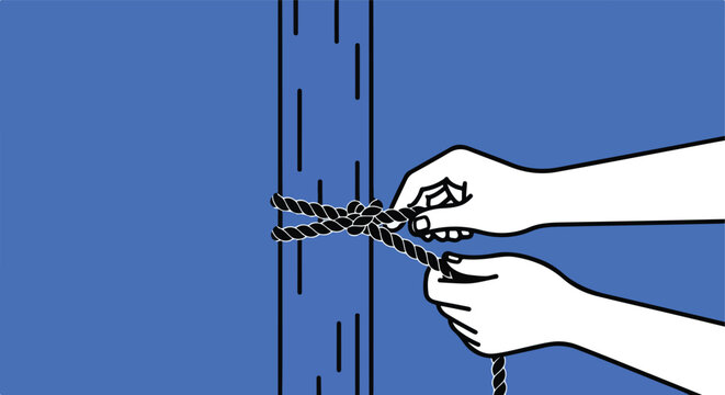 Two hands tying a knot around a pole