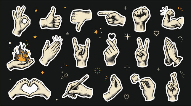 Vintage engraved hand gesture sticker collection featuring thumbs up rock on peace sign heart and ok symbol vector illustration