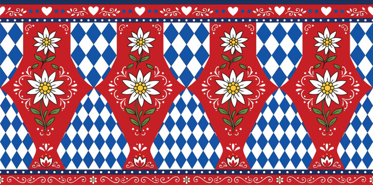 Traditional bavarian folk pattern with edelweiss flowers and diamond blue and white rhomboid shapes bavarian edelweiss
