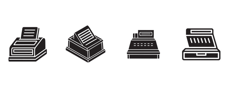 Set of four minimalist icons depicting different types of office printers and document processing machines isolated on transparent background