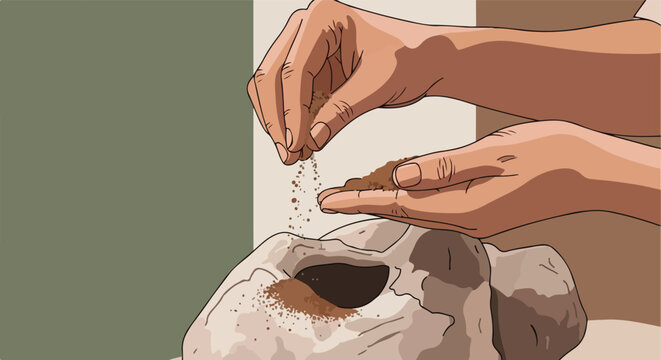 Hands sprinkling dirt onto a skull