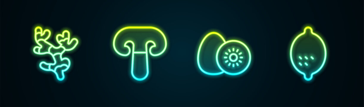 Set line Ginger root, Mushroom, Kiwi fruit and Lemon. Glowing neon icon. Vector