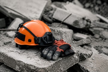 Fototapeta premium Orange safety helmet and work glove on concrete rubble. Equipment of search and rescue worker at disaster site. Concept of earthquake aftermath, recovery, danger and building demolition.