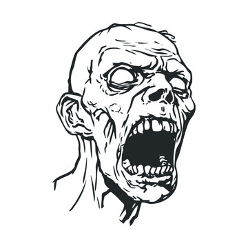 Zombie head illustration screaming with terrifying open mouth and decaying skin details, perfect for horror-themed designs and Halloween events.