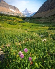 A breathtaking alpine valley filled with wildflowers stretches beneath towering mountains. This vibrant landscape captures the essence of adventure, travel, and natural beauty. © UQink