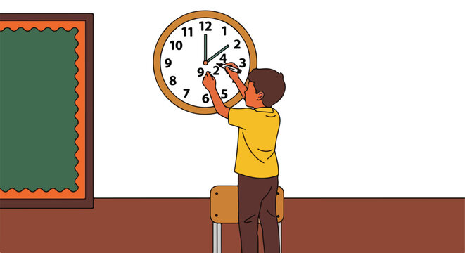 Boy teaching how to tell time on a classroom clock