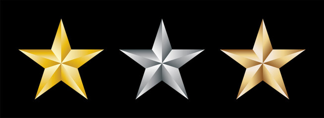 Obraz premium Star shining gradient metal collection. Five point gold, silver and bronze star set. 3d rating and award icon symbol. Review sign. Luxury logo. Vector illustration image.