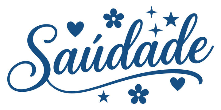 Blue saudade word typography lettering with flowers and stars retro style sticker isolated on white background graphic