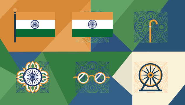 Vector illustration of Indian independence symbols including flags, Gandhi's glasses, walking stick, and charkha in a geometric pattern.