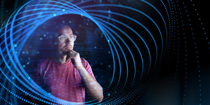 Thoughtful man with glasses surrounded by glowing blue digital particles, data streams and abstract technology interface, representing AI, data analysis, coding and innovation