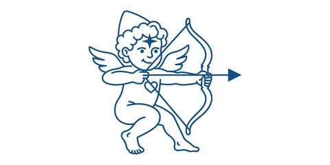 Obraz premium Line art vector illustration of cupid aiming bow and arrow symbol for romantic valentines day holiday greeting card