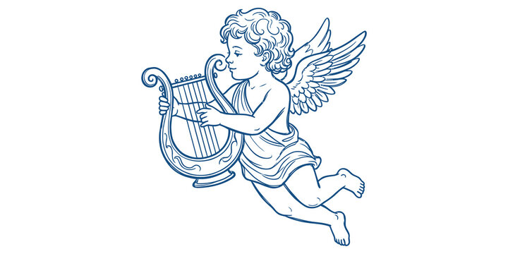 Classical cherub angel playing lyre music instrument vector illustration for vintage romantic valentine greeting card design element