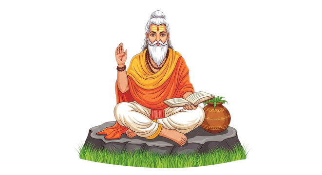 Ancient Indian Sage Meditating on Rock with Sacred Pot and Scroll