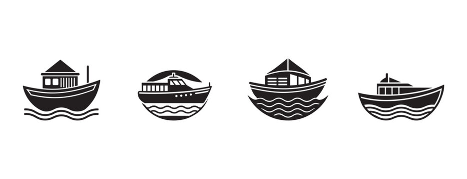 boat icons featuring different vessel types floating on water waves isolated on transparent background