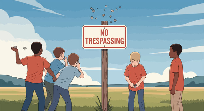 Children near "No Trespassing" sign, one throws rocks