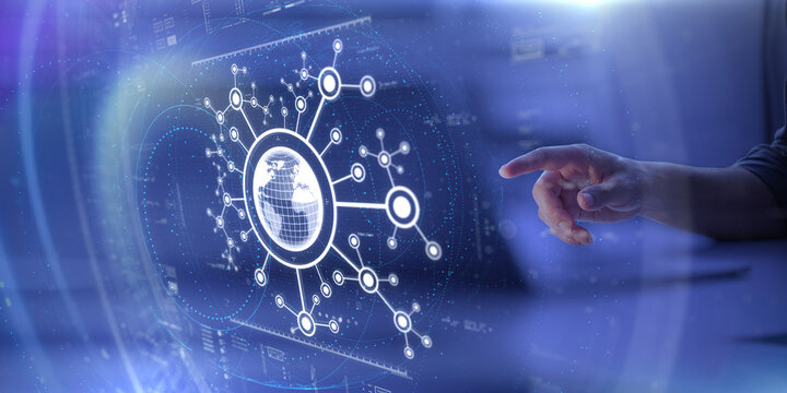 Man presses a glowing digital globe and network connections, symbolizing global communication, big data, digital networking, and information exchange in cyberspace
