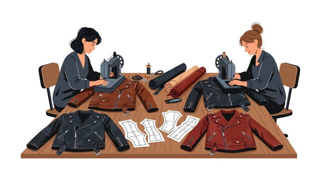 Fashion Design and Sewing: Two women diligently work at sewing machines, surrounded by patterns and partially finished leather jackets, showcasing the art of fashion design and craftsmanship.