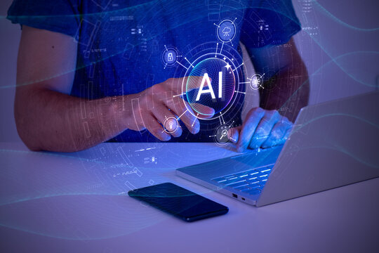 Man presses holographic AI button. Artificial intelligence and machine learning concept. Abstract technology background.