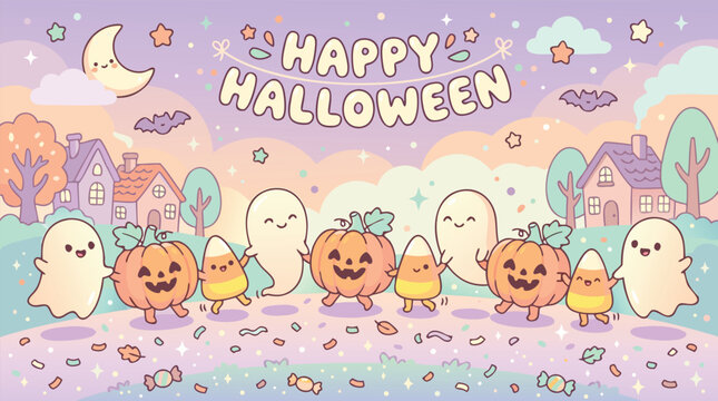 Cute happy halloween greeting scene with adorable ghosts pumpkins and candy corn characters halloween pumpkins