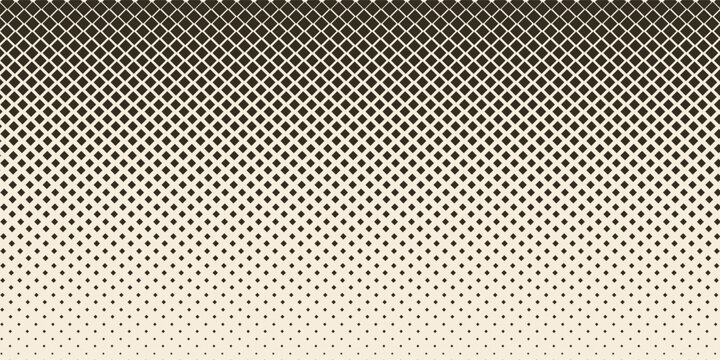Old beige square halftone gradient background. Aged fading repeating square pixel texture. Repeated gradation pattern. Vanishing comic pop art overlay backdrop. Vector cartoon raster effect wallpaper