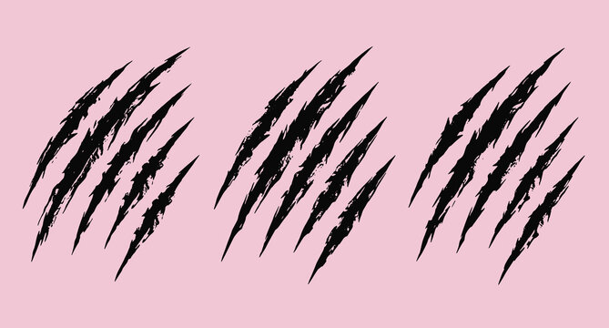 Black animal claw marks scratch sets isolated on pink background for wild beast monster horror design concept vector illustration