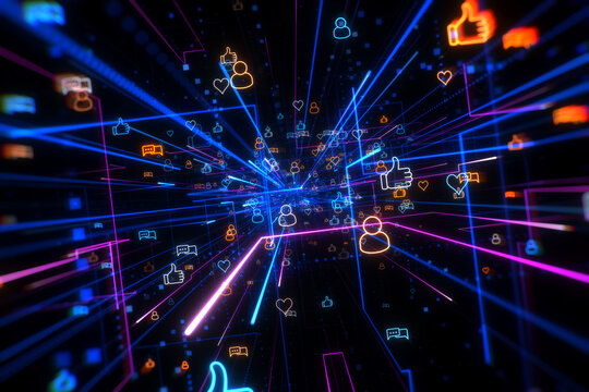 Abstract digital network with glowing social media icons. Concept of social media marketing, internet advertisement, e-commerce, global internet, network connection, new feedback and smm strategy.