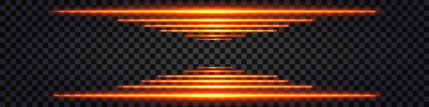 Fiery red glowing lines, frame border or divider  for web design. Ligth neon  straight beams, hot fire rays,  Vector illustration, isolated on transparent  background