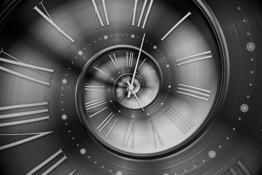 Abstract modern white spiral clock dial with arabic numerals. Concept of Infinite time, deadline, scheduling, time and space, past, present and future.