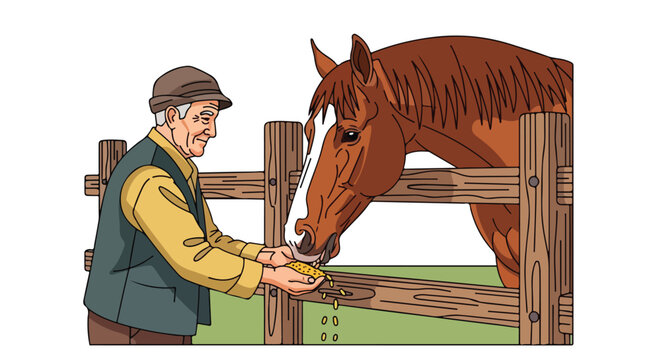 Old man feeding horse grains from his hands over a wooden fence
