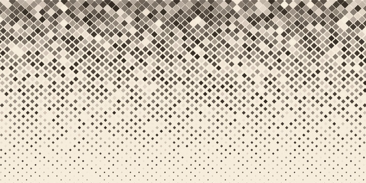 Old beige square halftone gradient background. Aged fading repeating square pixel texture. Repeated gradation pattern. Vanishing comic pop art overlay backdrop. Vector cartoon raster effect wallpaper