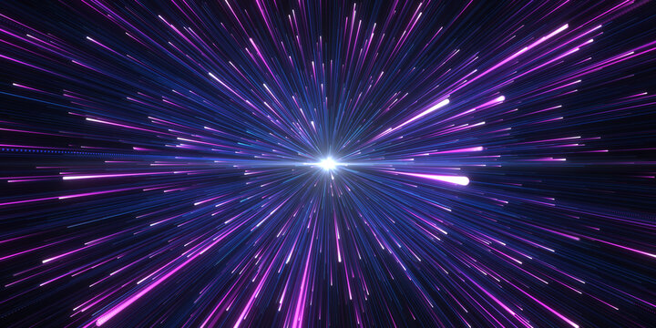 Bright radial light beams. Abstract background in blue neon glow color. Light burst in universe. Space background for event, party, carnival, celebration, anniversary or other