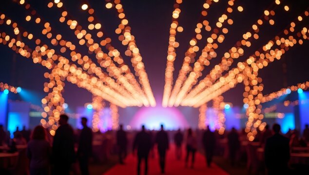 blurry nighttime scene of people under colorful string lights